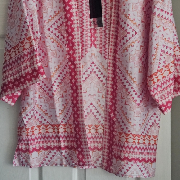 Investments 3/4 Sleeve Open Front Kimono: Magenta/White/Orange Mosaic Tile Print - Picture 12 of 12